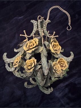 Vintage Hanging Toleware Yellow Roses Floral Birdcage Hollywood Regency Ball